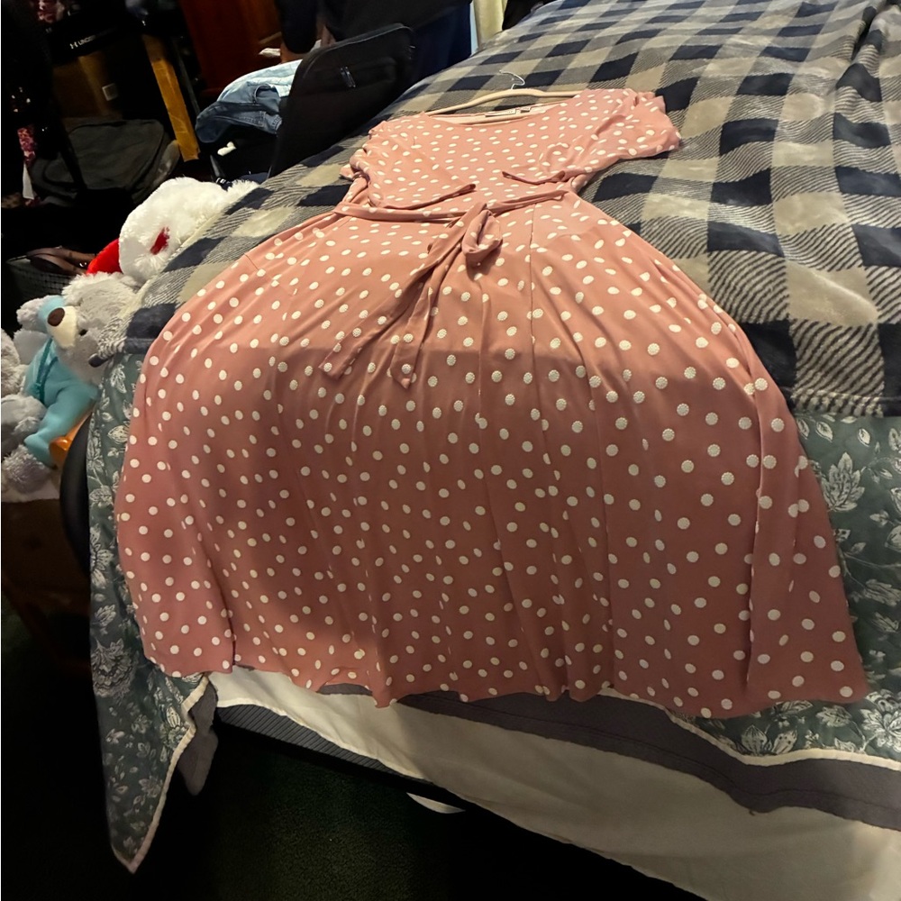 Nina Leonard Blush Polka Dot Midi Sylvia Dress ( Dusty Rose) - Picture 2 of 10